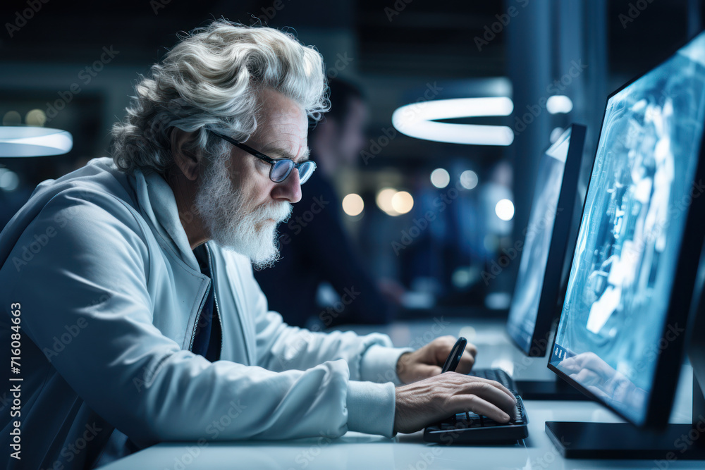 Poster a silver-maned gentleman sits at a computer, engrossed in a coding tutorial, showcasing the modern p
