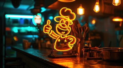 A neon sign of a smiling cartoon chef holding a spatula and giving a thumbs up signaling that the...