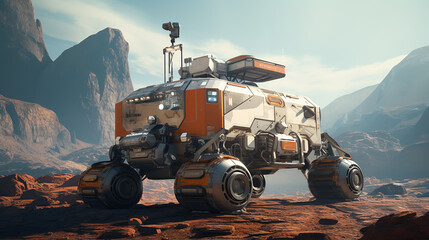 a rugged solar powered exploration rover on the rock - obrazy, fototapety, plakaty