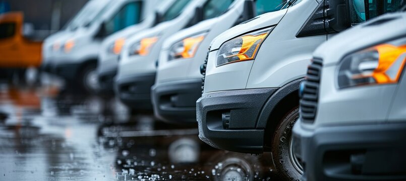 Row of white commercial delivery vans with copy space, transporting service company concept