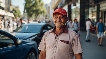 Elderly european pensioner with a joyful expression driving his car on a sunny street