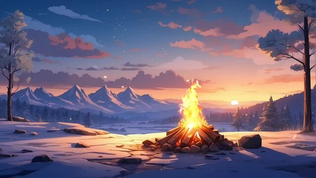 Campfire in winter landscape with mountains background. seamless looping time-lapse 4k animation video background