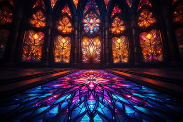 A stained glass window bathes a cathedral interior in a kaleidoscope of vibrant hues, telling stories through radiant patterns and biblical scenes.  Generative Ai.