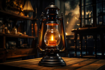 An antique glass lantern illuminates a dimly lit room, casting flickering shadows that evoke a sense of nostalgia and warmth. Concept of vintage glass lighting. Generative Ai.