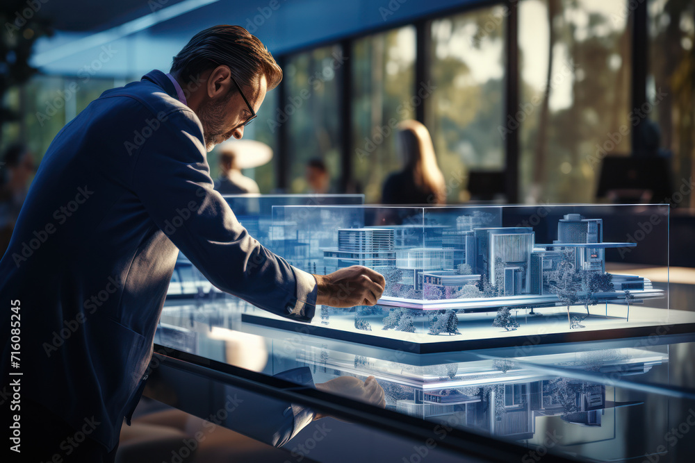 Poster an architect sketches a futuristic blueprint featuring transparent glass walls, envisioning a struct