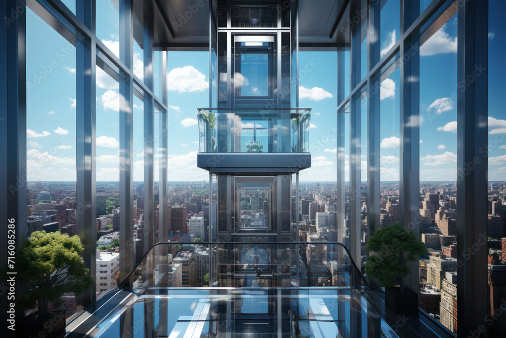 Sticker a sleek glass elevator ascends a skyscraper, offering panoramic views of the city skyline and emphas