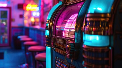 A vintage jukebox glowing with purple and blue neon lights playing oldies tunes - obrazy, fototapety, plakaty