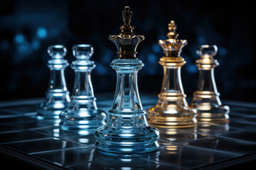 A glass chess set graces a tabletop, symbolizing the strategic interplay and intellectual elegance inherent in the game of chess. Concept of strategic elegance in gaming. Generative Ai.