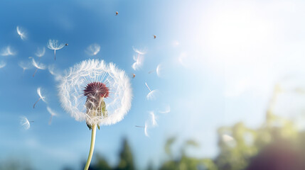 A single dandelion seed floating in a gentle breeze