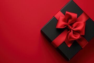 Black gift box with red ribbon on red copy space