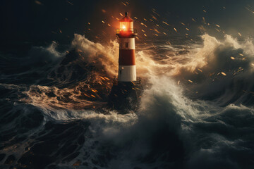 A lighthouse beacon cuts through the darkness, guiding ships safely through the tumultuous waves, symbolizing the unwavering strength and guidance of a light in the dark. Generative Ai.