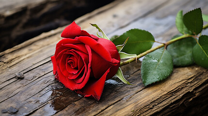 a single red rose lying on an old, wooden tabletop