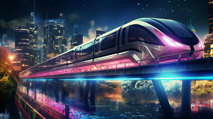 a sleek, futuristic maglev train gliding through a neon-lit cityscape at night