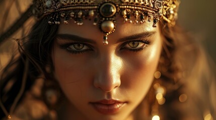 A fierce and powerful portrait of a woman with dark hair, adorned with glistening olivetoned jewels, paying homage to Athena, the goddess of wisdom and war.