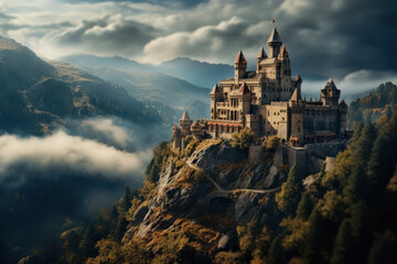 A medieval castle stands atop a hill, shrouded in mist and surrounded by an air of mystery that...