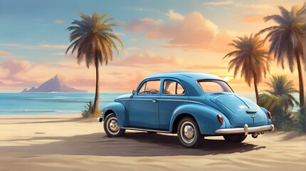 Fototapeta na wymiar A blue vintage car parked on a sandy beach with palm trees and sunset happy vibes in background