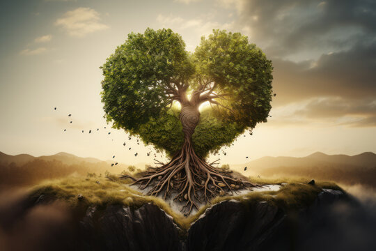 A tree with roots shaped like a heart, conveying the growth of trust in relationships. Generative Ai.
