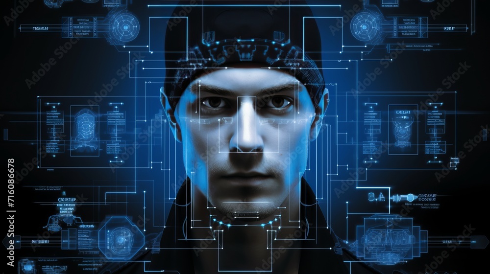 Poster facial recognition system with face id, 3d scanning, biometric scanning vector wireframe design