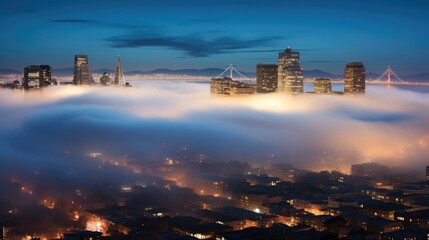 Naklejka na ściany i meble A dense fog crawls over the city Urban landscapes in a new light