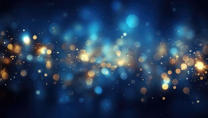 Fototapeta na wymiar Neon Blue Light With Gold Particles on Abstract Sparkles Bokeh Background.