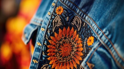 Closeup of a handmade, intricately embroidered patch on a denim jacket, emphasizing the value of upcycled clothing.