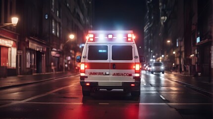 A emergency ambulance car driving with flashing red lights on through the wide city street at night - obrazy, fototapety, plakaty
