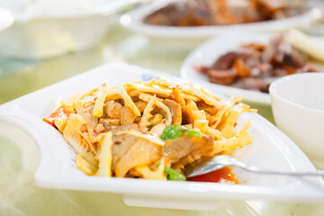 Traditional Chinese Food Sichuan style of cuisine, stir-fried pork with bamboo shoots.