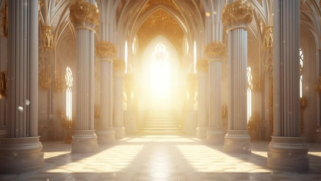 A hyper-realistic fantasy 3D interior of a temple. seamless looping overlay 4k virtual video animation background 