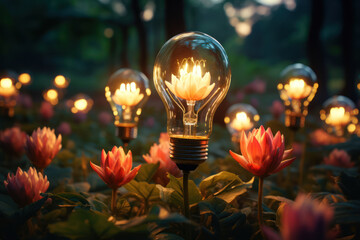 Obraz na płótnie Canvas A garden where flowers are glowing light bulbs, representing a cultivation of ideas. Concept of nurturing creativity. Generative Ai.