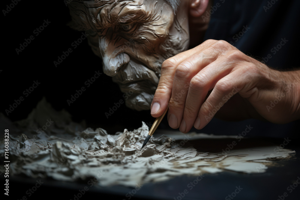Poster a human hand drawing its own continuation, depicting self-creation and autonomy in art. concept of s