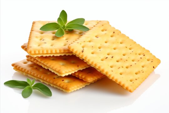 Assorted crispy crackers on white background for food photography and packaging design