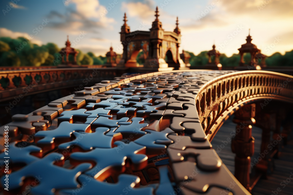 Poster a bridge made of puzzle pieces, denoting the connection of different ideas and solutions. concept of
