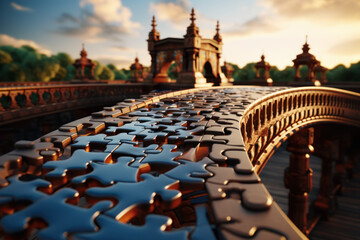 A bridge made of puzzle pieces, denoting the connection of different ideas and solutions. Concept of connecting concepts. Generative Ai. - obrazy, fototapety, plakaty