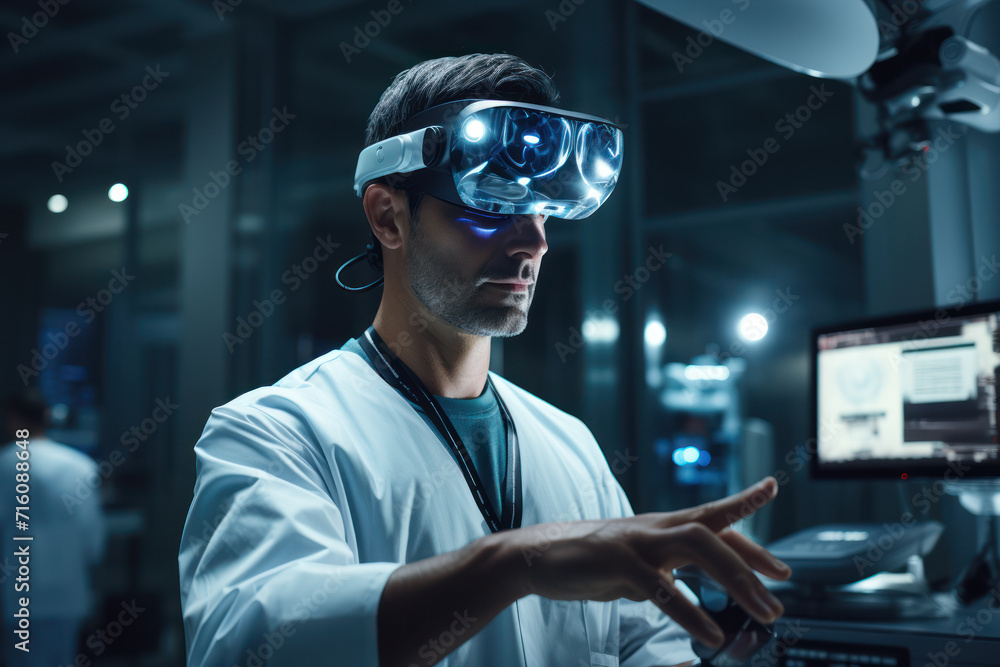 Poster a doctor using virtual reality to simulate surgery, showcasing the use of advanced technology in med