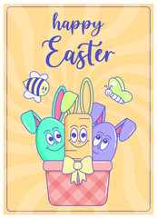 Happy Easter, spring holiday. Retro groovy cartoon characters and elements. Vintage funky mascot poster psychedelic smile and emotion. Comic trendy card. Vector illustration 60s 70s 90s style