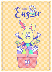 Happy Easter, spring holiday. Retro groovy cartoon characters and elements. Vintage funky mascot poster psychedelic smile and emotion. Comic trendy card. Vector illustration 60s 70s 90s style