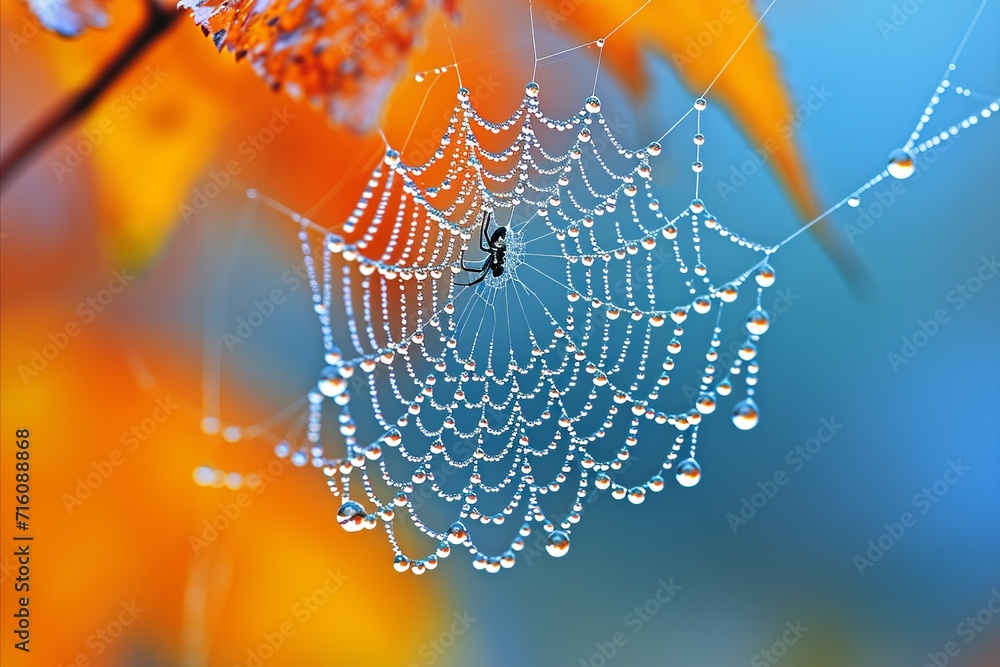 Wall mural close up of delicate spider s web with intricate patterns and dewdrops glistening in sunlight