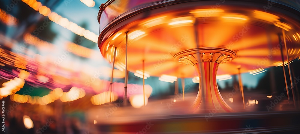 Poster vibrant close up of colorful carousel in motion with lively details and dynamic lighting