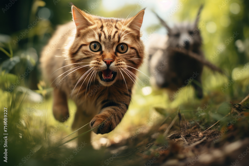 Canvas Prints A mouse chasing a cat, depicting a reversal of the usual predator-prey dynamic for laughs. Concept of unexpected role reversal. Generative Ai.