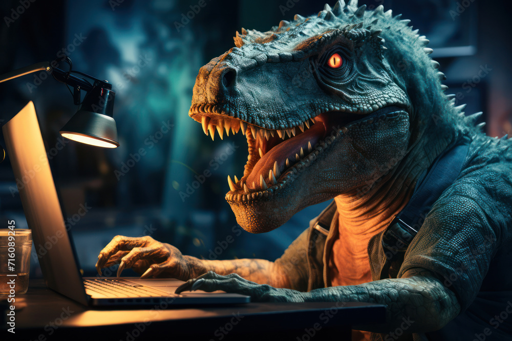 Poster a dinosaur trying to type on a laptop, struggling due to its large size, blending prehistoric with m