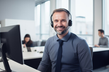Smiling male call center operator in headset looking at camera. Generative AI