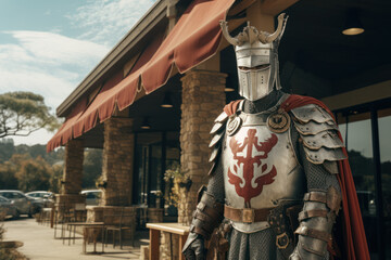 Naklejka premium A knight in armor at a modern drive-thru, merging medieval with modern for comedic effect. Concept of historical incongruity. Generative Ai.