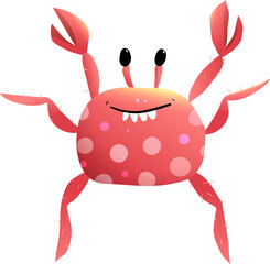 Funny silly crab character clipart cartoon for kids. Cheerful childish comic underwater shell animal drawing. Vector hand drawn illustration in watercolor style, character design for children.