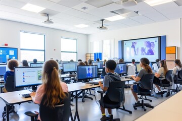 Classroom with AI Tools Enhancing Student Engagement