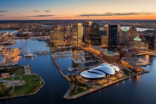 Bird's-eye view of Baltimore's downtown skyline near the harbor in Maryland. Generative AI