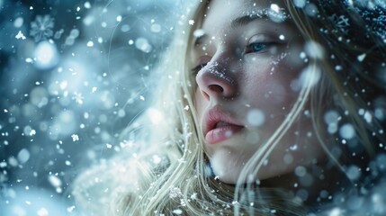 An ethereal portrait of a woman with long blonde hair and snowwhite skin, surrounded by a flurry of sparkling, illuminated snowflakes.