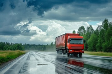 Fototapeta na wymiar Rain intensifying road conditions truck navigating under cloudy sky