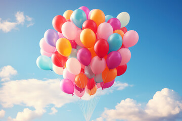 Naklejka premium A series of colorful balloons drifting away into the sky, representing the release of burdens and lightness of being. Concept of emotional release. Generative Ai.
