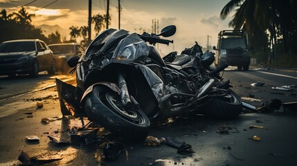 Close up of a motorcycle accident on the road with scattered debris and emergency responders present - obrazy, fototapety, plakaty
