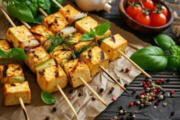 Skewered tofu cheese and spices on parchment
